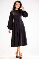 Elegancka Midi Sukienka z Bufiastym Rękawem - Czarna. Czarne sukienki Awama, l, bez wzorów, z elastanu, eleganckie, bez kołnierzyka, bez ramiączek, midi. Za 259.90 zł.