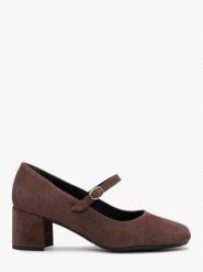 Brązowe czółenka z paskiem. Brązowe czółenka Ryłko, bez wzorów, ze skóry, retro, bez obcasa, na słupku, bez zapięcia. Za 379.99 zł.