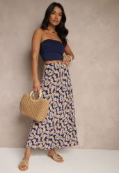 Granatowo-Beżowa Rozkloszowana Spódnica z Wiskozy High Waist Fevanice. Niebieskie spódnice Renee, na co dzień, m, bez wzorów, z jeansu, eleganckie, maxi, rozkloszowane. W wyprzedaży za 39.99 zł.