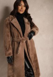 Brązowy Szlafrokowy Płaszcz Wiązany w Talii z Futerka Izalora. Brązowe płaszcze Renee, xl, bez wzorów, z jeansu, eleganckie, bez kaptura. W wyprzedaży za 335.99 zł.