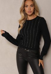 Czarny Sweter z Wiskozą Ozdobiony Cyrkoniami i Tłoczeniem Berini. Czarne swetry Renee, l, z aplikacjami, z jeansu, casualowe, bez ramiączek. W wyprzedaży za 63.99 zł.