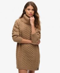 Superdry Sukienka Sweter z Golfem Cable. Brązowe swetry Superdry, bez wzorów, z wełny, bez ramiączek. Za 459.40 zł.