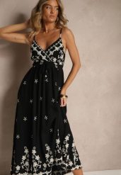 Czarna Wiskozowa Sukienka z Kopertowym Dekoltem i Haftami Sarondra. Czarne sukienki Renee, na co dzień, m, bez wzorów, z wiskozy, eleganckie, bez kołnierzyka, bez ramiączek, maxi, kopertowe. W wyprzedaży za 99.99 zł.