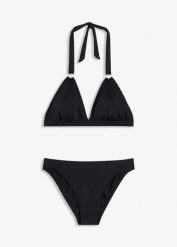 Bikini z ramiączkami wiązanymi na szyi, z ozdobnym kółkiem (2 części). Czarne bikini bonprix, bez wzorów. Za 104.99 zł.