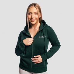 Bluza damska fitness z kapturem i zamkiem Zipper Pine. Zielone bluzy GYMBEAM, s, bez wzorów, z bawełny, klasyczne, bez ramiączek, z kapturem. Za 109.90 zł.