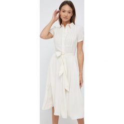 Lauren Ralph Lauren sukienka kolor beżowy midi rozkloszowana. Brązowe sukienki Lauren Ralph Lauren, bez wzorów, bez kołnierzyka, bez ramiączek, midi, rozkloszowane. W wyprzedaży za 819.99 zł.