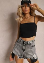 Szare Bawełniane Postrzępione Szorty High Waist z Podszewką Hanesita. Szare szorty Renee, bez wzorów, z bawełny, eleganckie. W wyprzedaży za 51.99 zł.