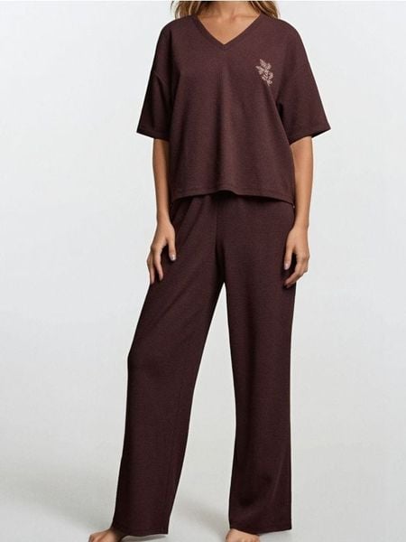 Bawełniana piżama dwuczęściowa - brązowy. Brązowe piżamy Sinsay, l, bez wzorów, z bawełny, bez kołnierzyka, bez ramiączek. Za 59.99 zł.