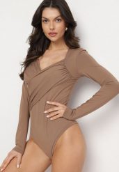 Ciemnobeżowe Body Eleganckie z Marszczeniem Ziellea. Brązowe body i gorsety Born2be, bez wzorów, z jeansu, bez ramiączek. W wyprzedaży za 42.49 zł.