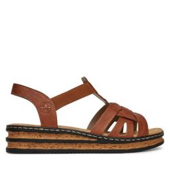 Sandały Rieker. Brązowe sandały Rieker, bez wzorów, bez obcasa, na koturnie, bez zapięcia. Za 299.99 zł.