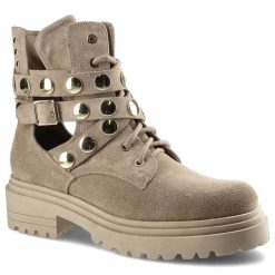 Botki damskie Carinii, sznurowany fason cholewka ze skóry naturalnej zamszowej podwyższona cholewka za kostkę ozdobne paski z metalowymi nitami masyw. Brązowe botki Carinii, w ażurowe wzory, z jeansu, biznesowe, za kostkę, bez obcasa, na płaskiej podeszwie, bez zapięcia. Za 329.00 zł.