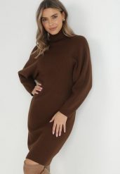 Brązowa Sukienka Dzianinowa Prążkowana z Golfem Eunime. Brązowe sukienki Born2be, m, bez wzorów, z dzianiny, bez kołnierzyka, bez ramiączek, midi. W wyprzedaży za 149.99 zł.