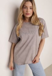 Szary Bawełniany T-shirt Oversize z Haftowanym Napisem z Cekinami Aewai. Szare t-shirty Born2be, m, bez wzorów, z bawełny, eleganckie, bez kołnierzyka, bez ramiączek. Za 59.99 zł.