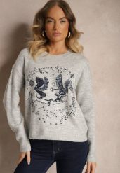 Jasnoszary Sweter Ozdobiony Haftowanym Wzorem w Ptaki Inarielle. Szare swetry Renee, bez wzorów, casualowe, bez ramiączek. W wyprzedaży za 135.99 zł.