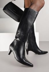 Czarne Kozaki na Stożku z Geometryczną Aplikacją Nallaria. Czarne kozaki Born2be, z aplikacjami, eleganckie, bez obcasa, na obcasie, bez zapięcia. Za 149.99 zł.