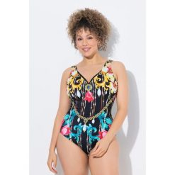 Damski Strój kąpielowy barok miękkie miseczki głęboki dekolt w serek. Czarne stroje jednoczęściowe Ulla Popken, bez wzorów, z elastanu, sportowe. Za 239.99 zł.