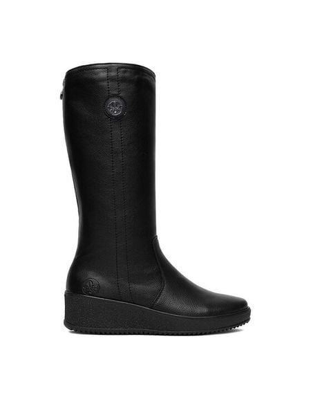 Rieker Kozaki CEO-Y4470-01 Czarny. Czarne kozaki Rieker, bez wzorów, ze skóry, bez obcasa, na koturnie, bez zapięcia. Za 429.99 zł.