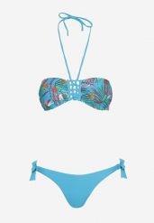 Niebieskie Bikini Góra Wiązana na Szyi i Plecach z Ozdobną Plecionką Majtki Typu Figi z Wiązaniem po Bokach Silalaria. Niebieskie bikini Born2be, bez wzorów, eleganckie. Za 79.99 zł.