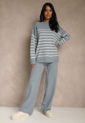 Niebieski Komplet z Bawełną i Wełną Spodnie o Szerokim Kroju i Sweter w Paski Reimeia. Niebieskie swetry Renee, l, bez wzorów, z bawełny, bez ramiączek. Za 129.99 zł.