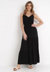Czarna Sukienka Euneope. Czarne sukienki Born2be, m, z aplikacjami, z tkaniny, wakacyjne, bez kołnierzyka, bez ramiączek, maxi. Za 109.99 zł.