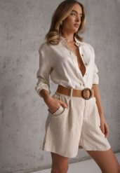 Beżowe Szorty Casual z Wiskozą High Waist Ozdobione Paskiem z Plecionki Kailee. Brązowe szorty Renee, bez wzorów, z materiału, casualowe. Za 99.99 zł.