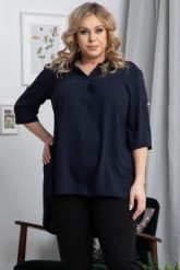 Tunika elegancka GOSIA ze stójką dłuższy tył granatowa. Tuniki KARKO, plus size, bez wzorów, z elastanu, eleganckie, z asymetrycznym kołnierzem, bez ramiączek. Za 169.50 zł.