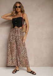 Beżowo-Brązowe Spodnie Wide Leg z Gumką w Talii w Panterkowy Wzór Filanira. Czarne jeansy Renee, bez wzorów, z jeansu, eleganckie. W wyprzedaży za 27.99 zł.