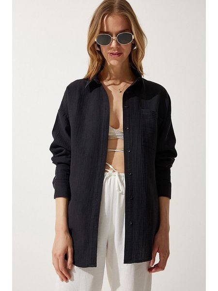 Happiness Istanbul Bluzka w kolorze czarnym rozmiar: 36. Czarne bluzki Happiness Istanbul, bez wzorów, z bawełny, bez kołnierzyka, bez ramiączek. Za 83.62 zł.