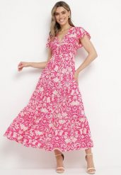 Różowa Rozkloszowana Sukienka Maxi z Luźnym Rękawem w Kwiatowy Print Oxeria. Czerwone sukienki Born2be, m, bez wzorów, bez kołnierzyka, bez ramiączek, maxi, rozkloszowane. Za 109.99 zł.