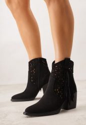 Czarne Botki Kowbojki na Stożkowym Obcasie z Ażurowym Wzorem i Eathetina. Czarne botki Born2be, w ażurowe wzory, z jeansu, boho, bez obcasa, na obcasie, bez zapięcia. Za 149.99 zł.