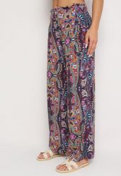 Fioletowe Szerokie Spodnie z Wiskozy z Wysokim Stanem Etnicznym Wzorem i Gumką w Talii Vimarella. Fioletowe jeansy Born2be, bez wzorów, z jeansu, eleganckie, z podwyższonym stanem. Za 59.99 zł.