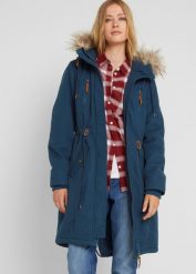 Parka zimowa z kapturem ze sztucznym futerkiem. Niebieskie płaszcze bonprix, na zimę, bez wzorów, z kapturem. Za 369.99 zł.