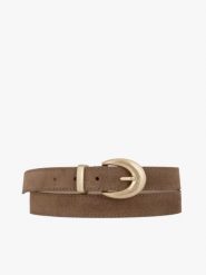 Ciemnobeżowy pasek ze skóry welurowej. Brązowe paski Ryłko, bez wzorów, z jeansu, eleganckie. Za 129.99 zł.