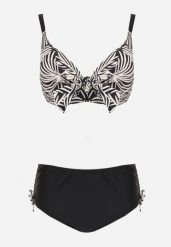 Czarno-Beżowe Bikini Biustonosz z Ozdobnym Wiązaniem i Figi ze Ściągaczami Miraleh. Czarne bikini Born2be, bez wzorów, klasyczne. Za 99.99 zł.