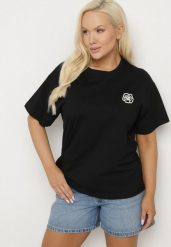 Czarny T-shirt z Bawełny z Naszywką Kwiatu Firirene. Czarne t-shirty Born2be, l, z aplikacjami, z bawełny, eleganckie, bez kołnierzyka, bez ramiączek. W wyprzedaży za 46.74 zł.