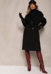 Czarny Dwurzędowy Płaszcz Trencz o Eleganckim Kroju z Paskiem Edioneta. Czarne płaszcze Renee, m, bez wzorów, z jeansu, biznesowe, bez kaptura. W wyprzedaży za 195.99 zł.