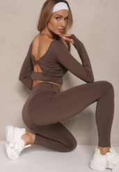 Brązowy Komplet Sportowy Legginsy High Waist i Longsleeve z Ozdobnym Tyłem Dasalle. Brązowe legginsy Renee, bez wzorów, z jeansu, sportowe, długie. W wyprzedaży za 91.99 zł.