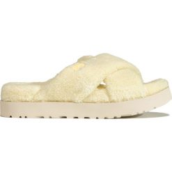 Klapki UGG FUZZ SUGAR TERRY CROSS. Pomarańczowe klapki UGG, bez wzorów, z lyocellu, bez obcasa, na platformie, bez zapięcia. Za 540.00 zł.