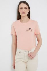 Gant t-shirt damski kolor pomarańczowy. Brązowe t-shirty Gant, l, z aplikacjami, z dzianiny, bez kołnierzyka, bez ramiączek. Za 239.99 zł.