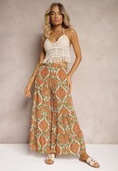 Zielono-Pomarańczowe Spodnie z Wiskozy z Szerokimi Nogawkami High Waist Wykończone Gumką w Talii Risettasmi. Zielone jeansy Renee, na lato, l, bez wzorów, z jeansu, z podwyższonym stanem. W wyprzedaży za 32.99 zł.
