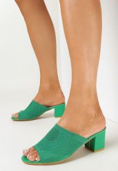 Zielone Klapki. Zielone klapki Born2be, w ażurowe wzory, ze skóry ekologicznej, eleganckie, bez obcasa, na obcasie, bez zapięcia. W wyprzedaży za 59.99 zł.