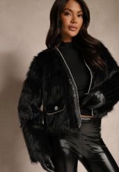 Czarna Niezapinana Kurtka Futerkowa Ozdobiona Cyrkoniami i Elegancką Imitacją Kieszonek Bonicea. Czarne kurtki Renee, na jesień, m, z aplikacjami, z jeansu, eleganckie, bez kaptura. Za 294.99 zł.