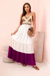 Sukienka damska boho maxi na ramiączkach z ażurową górą beżowy + ciemny fioletowy. Brązowe sukienki Kesi Włoski, na plażę, l, w ażurowe wzory, z bawełny, boho, bez kołnierzyka, bez ramiączek, maxi, rozkloszowane. Za 217.48 zł.