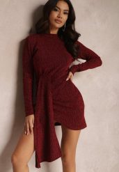 Bordowa Asymetryczna Sukienka Mini z Metaliczną Nitką i Szerokim Pasem Gongo. Czerwone sukienki Renee, s, bez wzorów, z tkaniny, eleganckie, z asymetrycznym kołnierzem, bez ramiączek, mini, asymetryczne. W wyprzedaży za 45.49 zł.