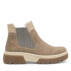 Botki Rieker. Brązowe botki Rieker, bez wzorów, bez obcasa, na płaskiej podeszwie, bez zapięcia. Za 279.00 zł.