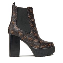 Botki Guess. Brązowe botki Guess, z aplikacjami, bez obcasa, na słupku, bez zapięcia. Za 579.99 zł.