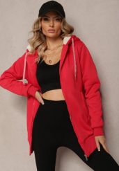 Czerwona Bluza ze Sztucznym Futerkiem i Kapturem oraz Kieszeniami Creactia. Czerwone bluzy Renee, l, bez wzorów, z futra, bez ramiączek. W wyprzedaży za 111.99 zł.