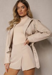 Beżowe Spódnico-Szorty High Waist z Rozcięciem Vikone. Brązowe szorty Renee, bez wzorów, eleganckie. W wyprzedaży za 47.99 zł.