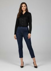 Eleganckie granatowe spodnie Jeangaliny02 o kroju slim fit 7/8 PLUS SIZE XXL OVERSIZE JESIEŃ. Szare spodnie materiałowe Moda Size Plus Iwanek, bez wzorów, z bawełny, eleganckie. Za 199.90 zł.