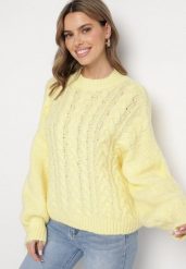 Żółty Sweter z Wełną Zdobiony Warkoczowym Splotem Lakkaria. Żółte swetry Born2be, z aplikacjami, z jeansu, eleganckie, bez ramiączek. W wyprzedaży za 144.49 zł.